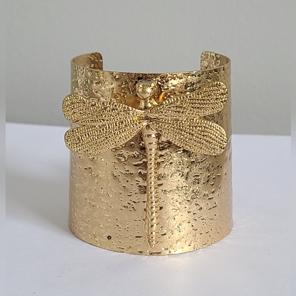 Vintage Style Gold Tone Hammered Metal Figural Dragonfly Wide Cuff Arm Bracelet